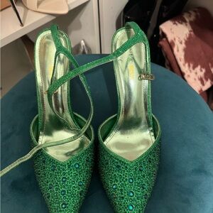 Fashion Nova Emerald Green Jeweled Pointed Slingback Heels